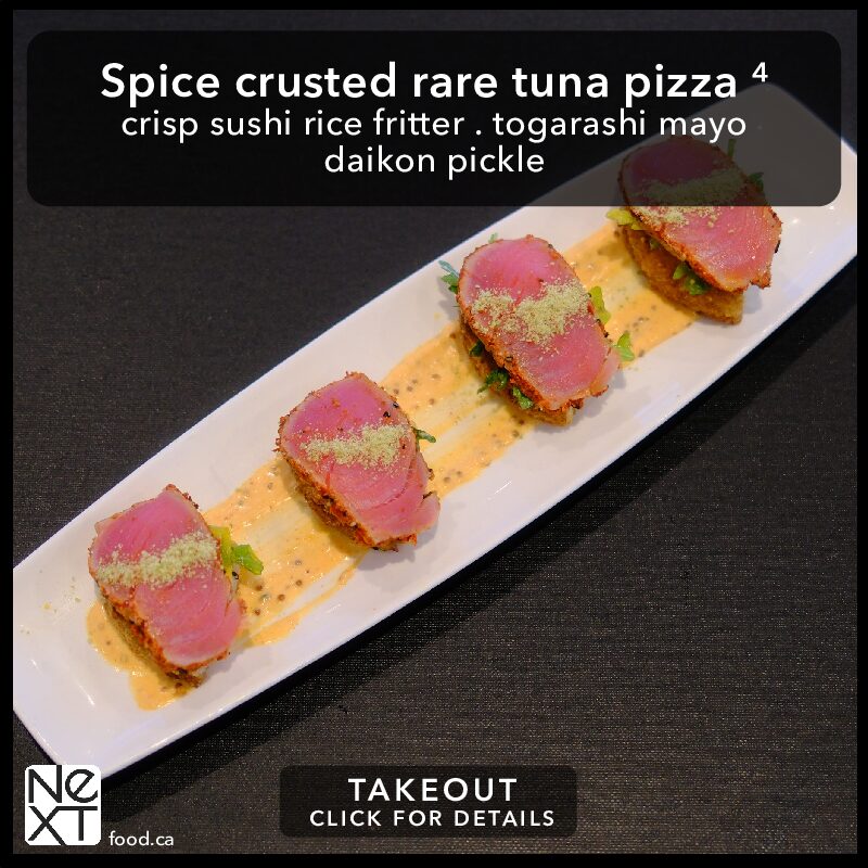 Wasabi pea crusted tuna sashimi pizza