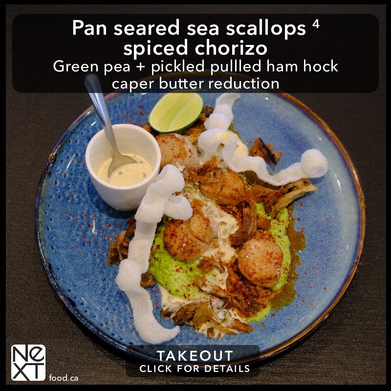 Pan seared sea scallops 4 + spiced chorizo