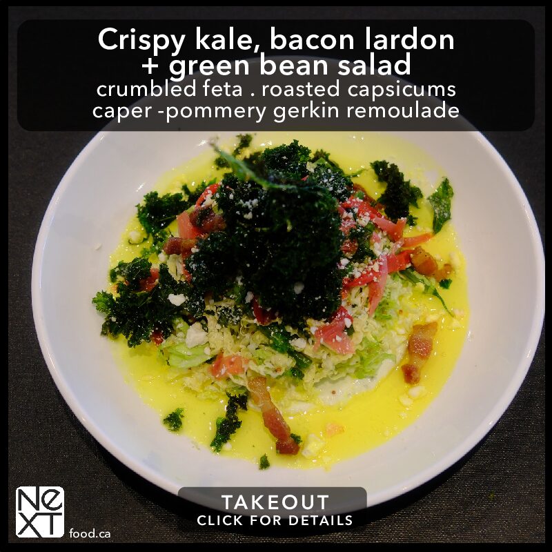 Crispy kale, bacon lardon + green bean salad